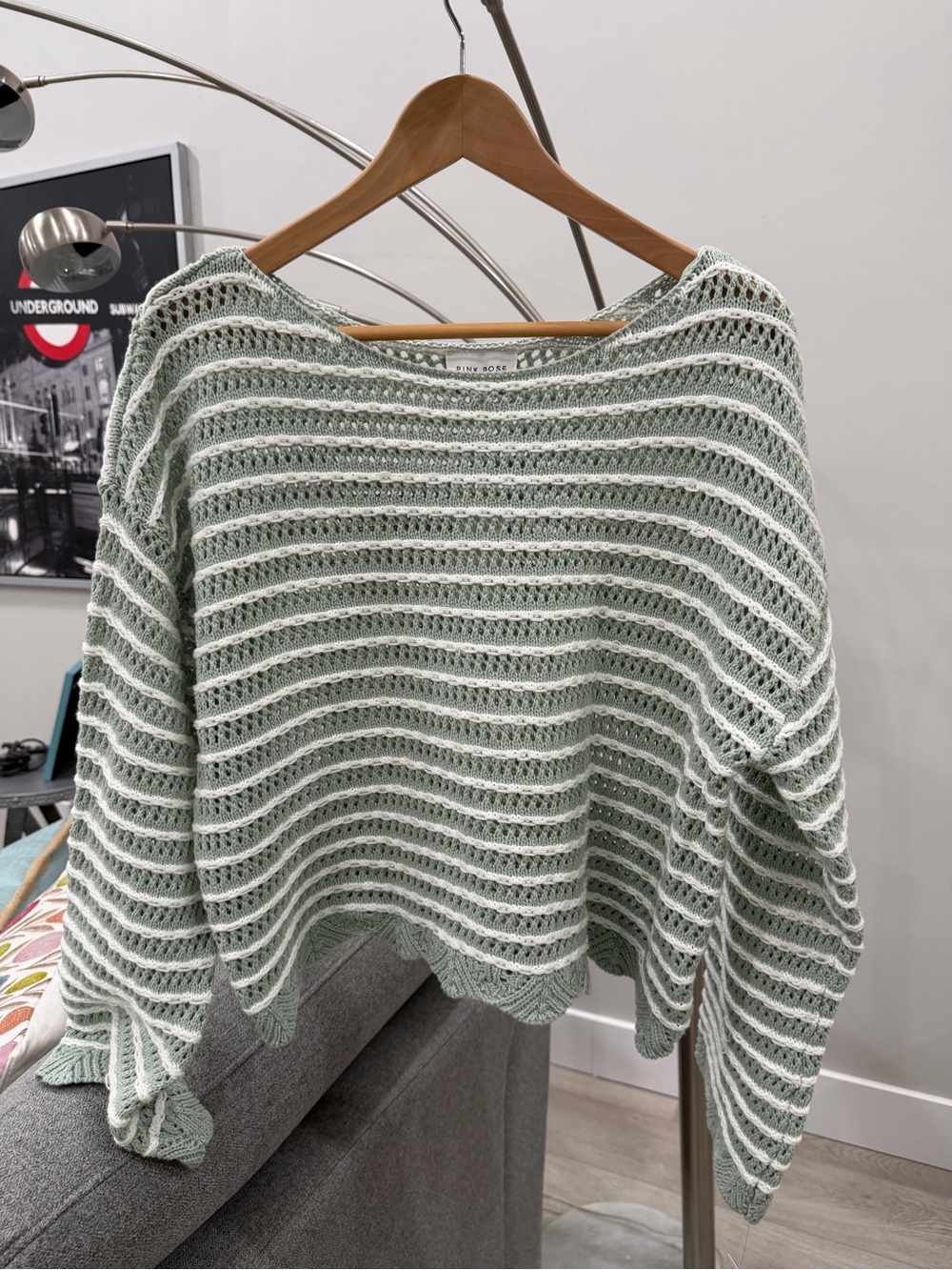 Pink Rose Mint Green and White Striped Open-Knit Boat Neck Sweater